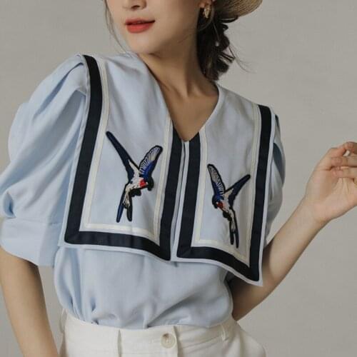 Blouse Women Blue Puff Sleeve Bird Embroidery Loose Sailor Collar Female Tops Fashion 2021 Summer New Clothing Blusas Mujer W405
