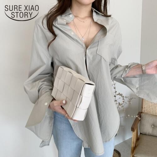Fall Korean Women Blouse Fashion Loose Solid Shirt Long Sleeve Cotton Tops 2021 Simple Chic Lady Clothing Chemisier Femme 10295