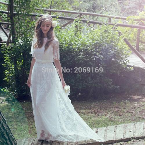 Custom made long Bohemia wedding dresses 2020 boat neck white lace half sleeves boho Bridal Gown for beach wedding party