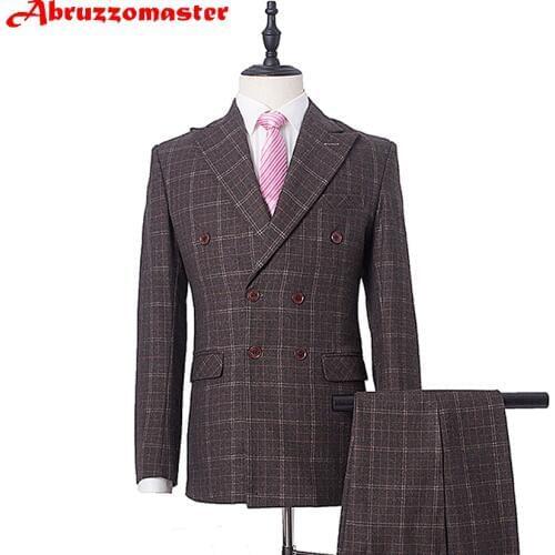 Double Breasted Grey Dinner Suit Wedding suit woolblend Blazer Grey Plaid Suit Groom Tuxedos England Suits(Jacket+pants)