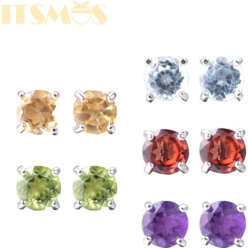 ITSMOS Topaz Garnet Amethyst Citrine Natural Stone Earrings Classic Peridot s925 Silver Stud Earrings Jewerly Brithday Gift