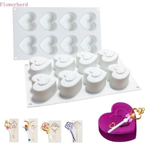 8-hole Heart Lock Key Mousse Cake Mold Handmade Soap Mold Valentines Day Ice Cream Mold Jelly Silicone Mold DIY Baking Mold