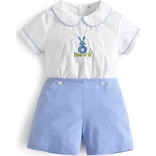 2Pcs Kids Girls Spanish Smocking Outfits Short Sleeve Girl Spain Clothing Toddler Boys Shirt Pants Sets Sister Brother Clothes