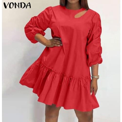 Summer Dress VONDA 2021 Women Sundress Puff Sleeve 3/4 Sleeve Ruffled Party Dress Beach Bohemian Vestidos Femme Sundress