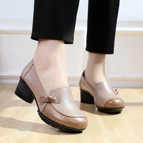 Women Vulcanized shoes woman Casual Loafers Shoes Genuine Leather Slip On 3CM Square High Heels printing flower women shoes