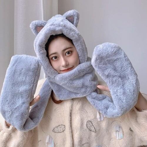 Cute Triangle Ear Fleece Winter Hats For Women Warm Cute Plush Hat Scarf Golves Set For Girls Ear Protector Cap Set For Female