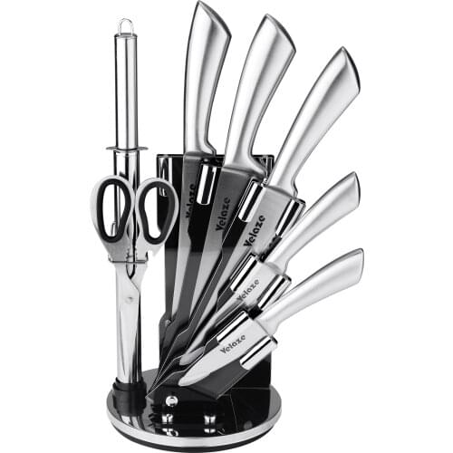 Velaze 8-Piece Stainless Steel Cheaf Meat Steak Kitchen Knife Set Kitchen Scissors Knife Sharpener with Spinning knife Holder