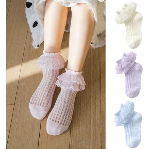 Girls Socks Spring Cotton Children Dance Socks Mesh Trendy Elastic White Lace Flowers Ruffle Kids Cute Princess Socks