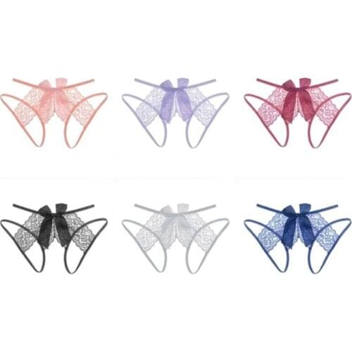 New Sexy Back Bow Lace Panties Women Open Crotch Thongs Transparent Mini Bikini G Strings Culotte Femme Soft Nightwear Underwear