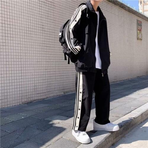 Spring and Autumn New Sports Suit Mens Breasted Pants Slit Hong Kong Style Trendy Jacket Loose Casual Two-piece Jacket Trend
