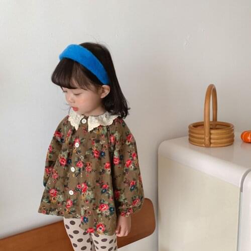 Autumn cute retro floral loose long sleeve shirts for girls 2021 fashion embroidery collar 2 colors Tops