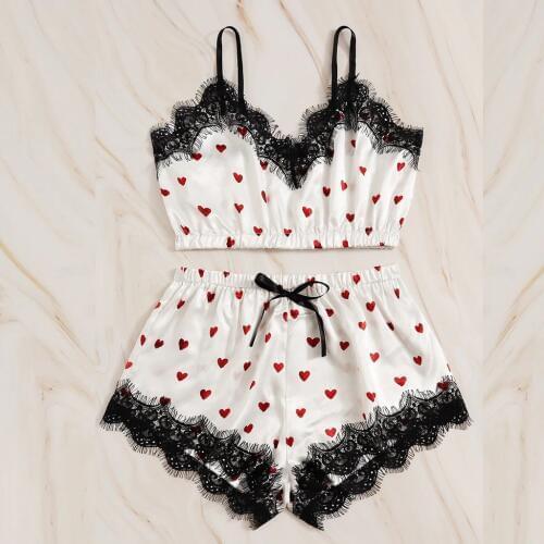 Sexy Lingerie Pajama Sets For Women Home Clothes Nightie V-neck Heart Print Lace Satin Camisole Bowknot Shorts Set #YJ