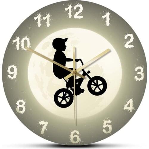 Full Moon In Starry Sky Surreal Design Wall Clock Home Décor Boy On Bike Flight In Dream Wall Art Haning Watch For Kids Room