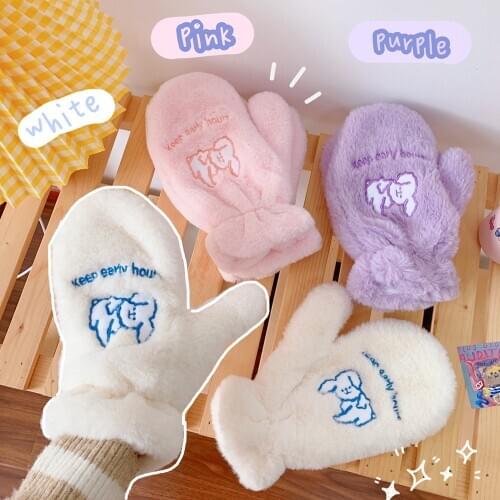 1Pair Women Girls Lovely Winter Warm Fingerless Gloves Fluffy Cute Dog Pattern Plush Full Finger Gloves Mitten New
