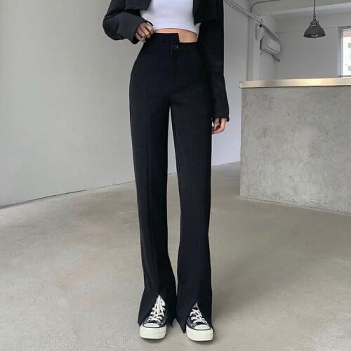 QOERLIN Summer Stretch Wide Leg Suit Pant Office Ladies Casual Slim Straight Pants Split Drape Long Trouser Female Plus Size