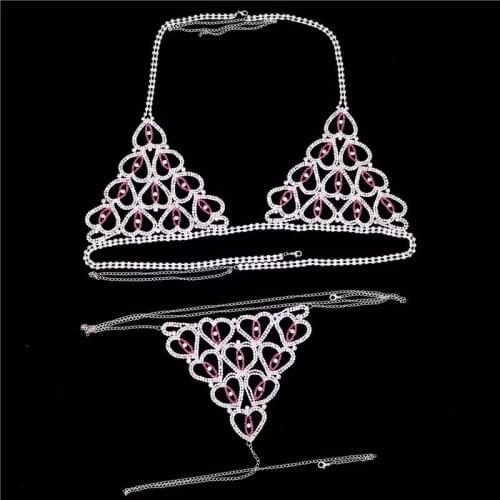 Luxury Red Heart Crytal Bikini Body Chain Harness for Women Sexy Lingerie Chain Bling Rhinestone Bra and Thong Set Jewelry