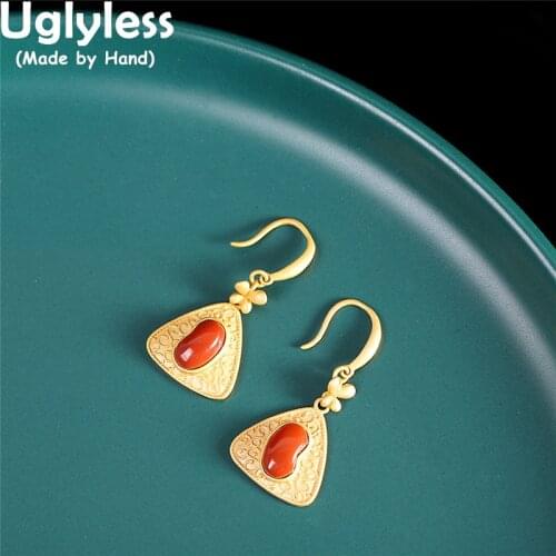 Uglyless Luxury Palace Patterns Gold Butterfly Earrings for Women Triangle Agate Beans Earring 925 Silver Brincos Insects Bijoux