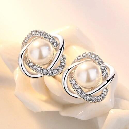 Upscale 925 Sterling Silver Earrings Zircon Pearl Twist Luxury Stud Earrings for Women