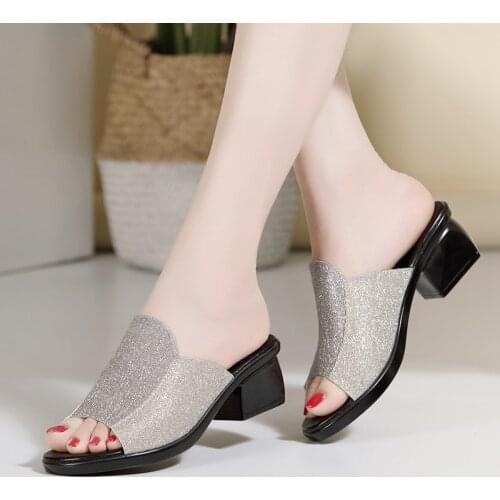 Logoneone Womens Slippers Sandals 2021 Summer 4.5cm Mid Heels Women Shoes Mothers Casual Shoes