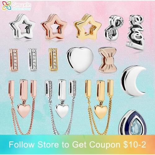 Smuxin 925 Sterling Silver Bead Silver Star Timeless Sparkle Heart Dangle Clip Charms fit Original Pandora Reflexions Bracelets