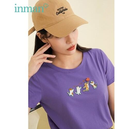 INMAN Summer Korean T-Shirt Women Flower Wool Felt Three-Dimensional Cat Embroidered Graphic Lady Skin-Friendly Short Sleeve Top