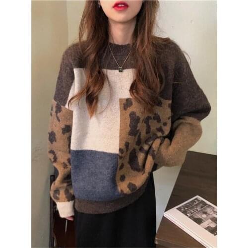 H.SA 2021 Spring Women Vintage Leopard Pullover And Sweaters Patchwork Brown Knit Jumpers Loose Styler Korean Slim Pull Jumpers