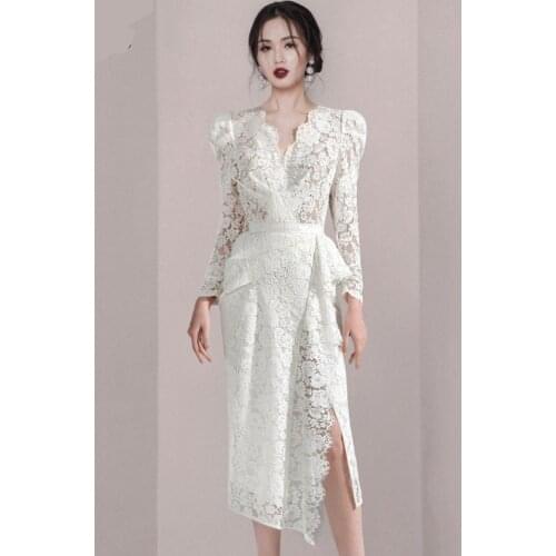 High Quality Fashion Autumn Women Lace Dress Runway Sexy V Neck Puff Sleeve Ruffles Bodycon Split White Party Midi Dress