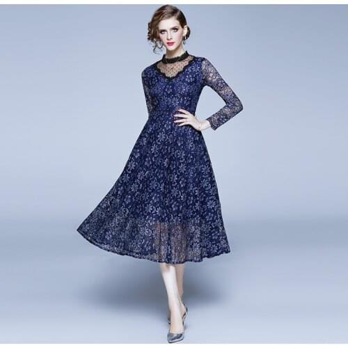Women A-line Casual Lace Dress New 2020 Spring Blue Fashion Hollow Out Elegant Womens Party Dresses