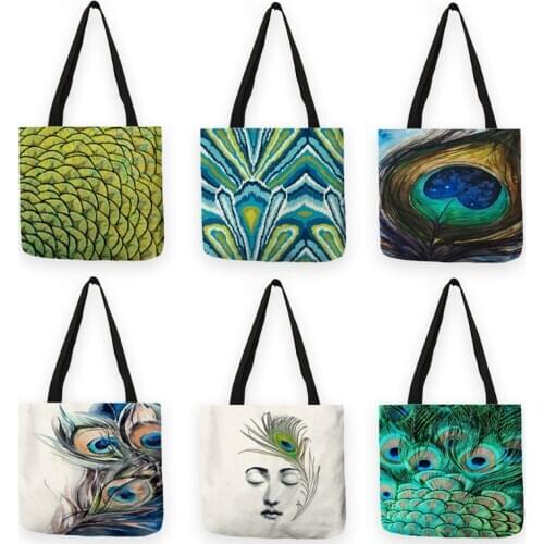 B13013 Abstract Geometry Feather Print Tote Bag School Shoulder Bags Large Capacity Shopper Bag