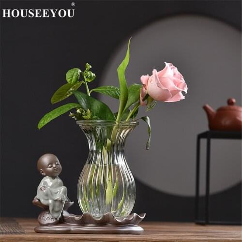 Zen Monk Buddha Flower Pot with Transparent Glass Hydroponic Vase Green Planter Container Indoor Home Tea Room Table Decoration