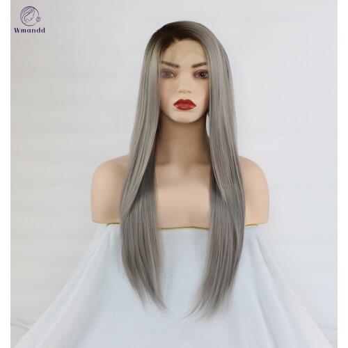 Wmandd Long Straight Synthetic Wigs Ombre Black Grey Free Part With Natural Hairline For Women Cosplay Heat Resistant Fiber