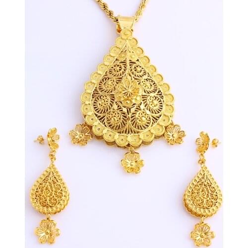 Dubai Gold Nigerian Jewelry Sets African Wedding Bridal charm flower water drop styleSet Ethiopian big Jewelry for women