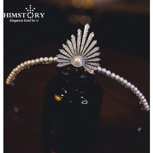 HIMSTORY CZ Princess Pageant Crowns Cubic Zirconia Pearl Tiaras for Bride Birthday Headpiece Wedding Hair Accessories