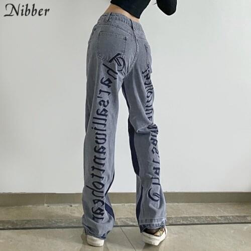 Nibber Tide Streetwear Cotton Jeans Straight Pants Women Print Korean High Waist Baggy Trousers 2021 Retro Stitching Denim Pants