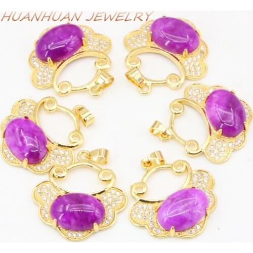 Exquisite Lucky Pendant 24x25mm Women Natural Stone Jades Zircon Gold-Color Stainless Steel Charms Necklace Pendants Chain B3357