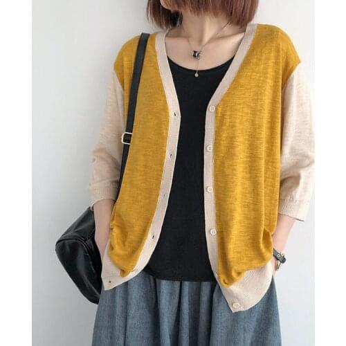 Color-Blocking Knitted Cardigan Womens Spring Summer New Casual Loose V-Neck Tops All-Match Mid-Length Thin Coat Sweater zh640