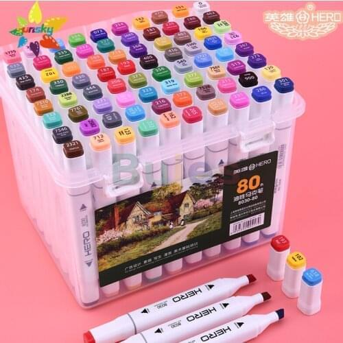 HERO 12/24/36/48/60/80 color Double head soft head oil marker 5mm/1mm White square penholder Animation professional art supplies