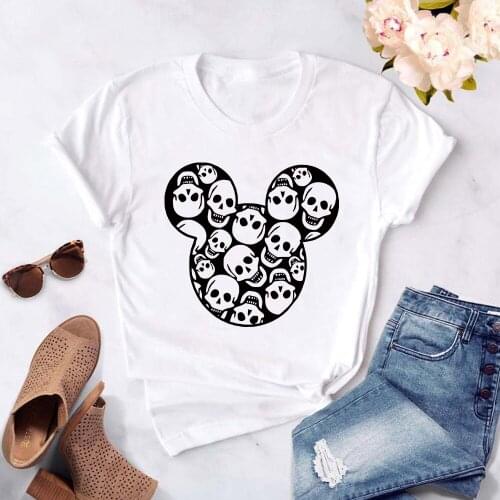 Mickey Mouse Skull Head Summer Tshirt White Punk T Shirt Unisex Hip Hop Harajuku Unisex Tops Casual Streetwear