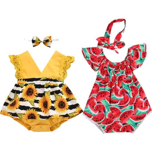 2020 Baby Summer Clothing Infant Newborn Baby Girls Sunflower Lace Bodysuits Dress Striped Jumpsuits Sleeveless Sunsuit Headband
