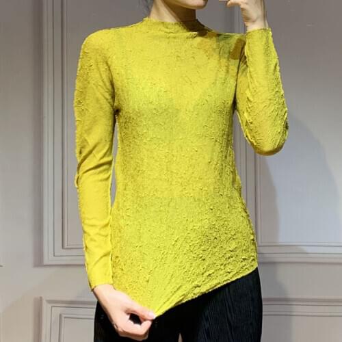 HOT SELLING Miyake fashion long sleeve fold turtleneck Sexy Thin T-shirt IN STOCK
