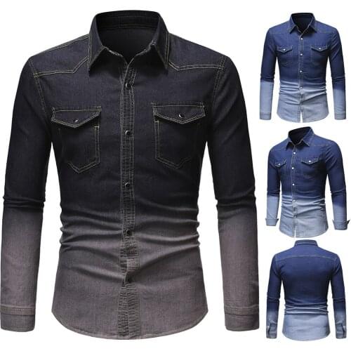 Mens Denim Shirt Long Sleeve Turn Down Collar Gradient Cardigan Shirt Casual Single-Breasted Slim Type Tops With Pockets