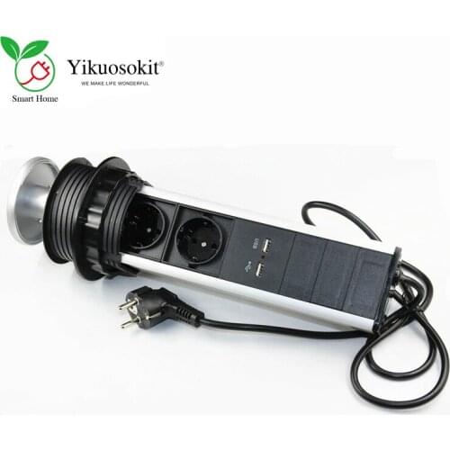 High Quality EU Desktop Power Socket 5V 2.1A 2 USB Charging Port Manual Pulling Pop Up Tabletop Electric Tabletop Outlet CE Rohs