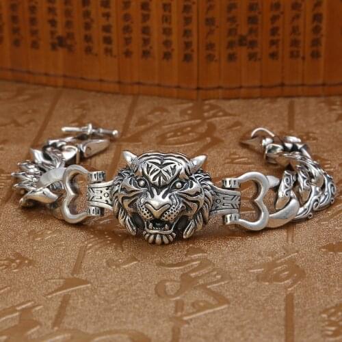 2021 New Heavyweight Real Solid Silver 925 bracelet for Man retro Rock Personality Punk Tiger Man Bracelet Fasion Jewellery