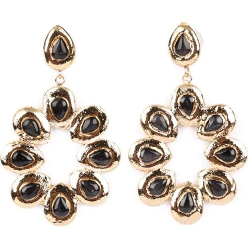 New design tear water drop gold rim natural dark gray cat eye opal stone bead chandelier charm big dangle earring for women gift