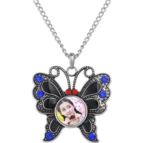 Necklaces pendants for sublimation button Butterfly necklace pendant with rhinestone for women blue green jewelry