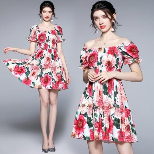 WTIANYUW 2021Runway Summer Sexy Off Shoulder Holiday Mini Puff Sleeve Women Elastic Waist Short Sleeve Camelic Print Dress