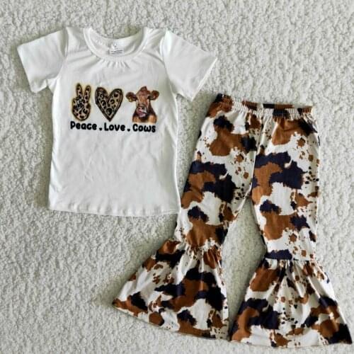 Spring Peace Love Cows print baby girls outfits short sleeves white shirt bell bottom pants kids clothing sets Children boutique