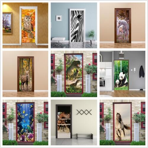 Elk Zebra Panda Animal Self-Adhesive Wallpaper Door Sticker for Bedroom Home Design 3D Door Decoration Decal Mural Sticker