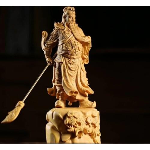 Escultura de Guan Gong de 19CM, estatua de buena suerte de Dios de la puerta china, tallado de madera para el hogar, decoración