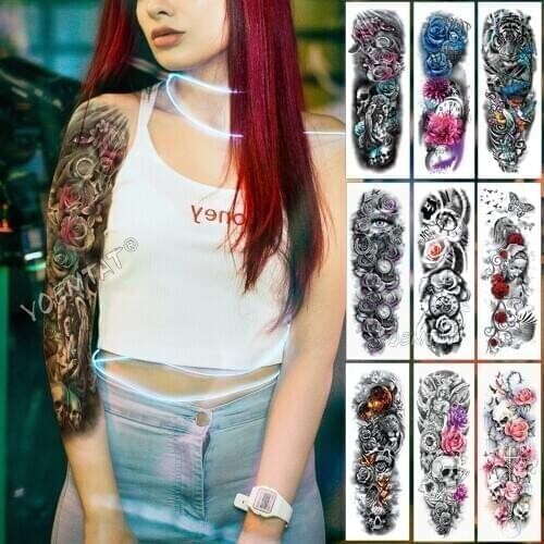 Large Arm Sleeve Tattoo Pink Cyan Eyes Angel Waterproof Temporary Tattoo Sticker Rose Wings Sun Men Full Skull Tatoo Women